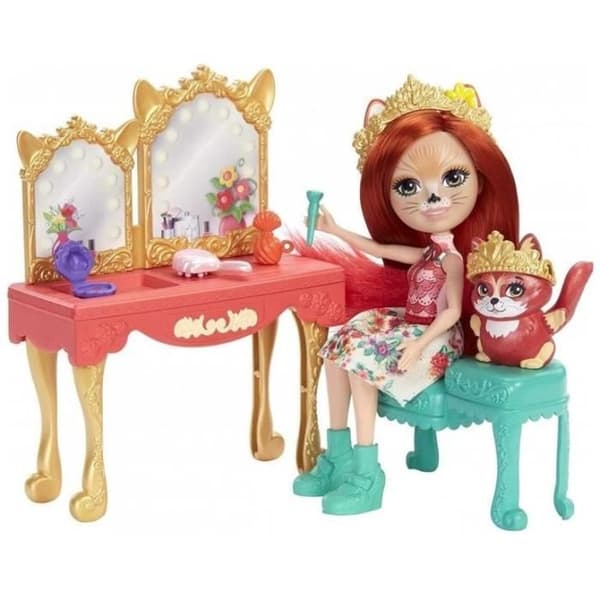 Enchantimals Royals fåfängaset med Fabrina Fox Mini-docka, Frisk djurfigur och 9 tillbehör