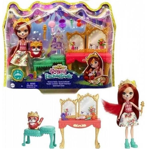 Enchantimals Royals fåfängaset med Fabrina Fox Mini-docka, Frisk djurfigur och 9 tillbehör
