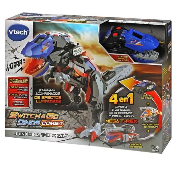 4-i-1 Mega T-Rex Legetøj - VTech - Redningskøretøjer - Lyd-effekter - LED - 3 år og op