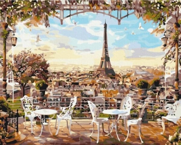 Maalaus numeroiden mukaan BRUSHME, 40x50 cm, kahvila, jossa näkymä Eiffel-torniin, 1 kpl, laatikossa