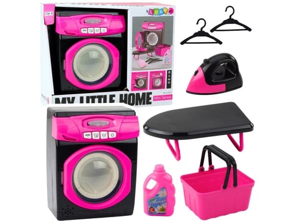 Sett med husholdningsapparater, vaskemaskin, interaktive lyder, tilbehør, svart og rosa, LEAN Toys