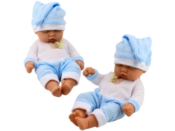 Sovande babydocka i blå pyjamas Mössa med pompon