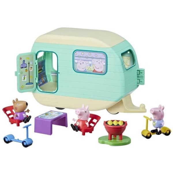 Peppa Pig, Peppan asuntovaunu, jossa on 3 hahmoa ja 6 tarviketta, esikouluikäisille tytöille ja pojille, 3-vuotiaille ja sitä vanhemmille