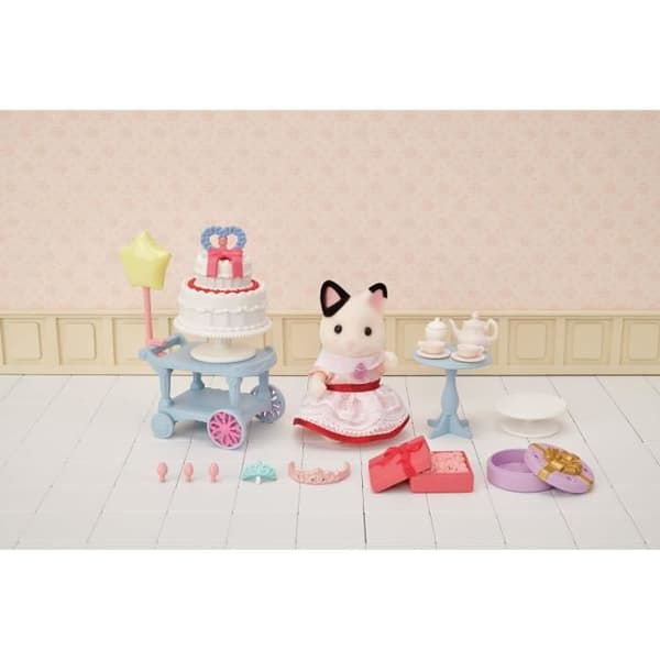 Tyttö kaksivärisen kissan ja syntymäpäiväherkun kanssa - Sylvanian Families - 5646 - 3 vuotta vanha
