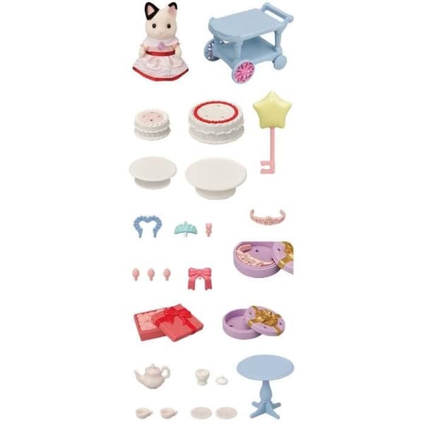 Tyttö kaksivärisen kissan ja syntymäpäiväherkun kanssa - Sylvanian Families - 5646 - 3 vuotta vanha