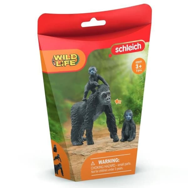 Familjefigur av låglandsgorilla, med 1 gorillamamma och hennes 2 ungar, för barn från 3 år - Schleich 42601 Wild Life