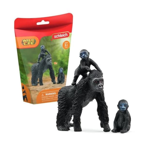 Familjefigur av låglandsgorilla, med 1 gorillamamma och hennes 2 ungar, för barn från 3 år - Schleich 42601 Wild Life