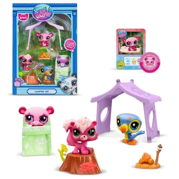 Teemasetti, jossa 3 lemmikkiä - BANDAI - Littlest Pet Shop Camping - Eläimet ja asusteet