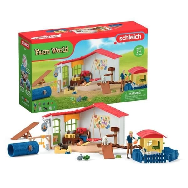 Farm Animal Hotel - Stort Schleich-legetøjssæt med 54 dele, hund, kat, kanin, tilbehør og mere - Gave