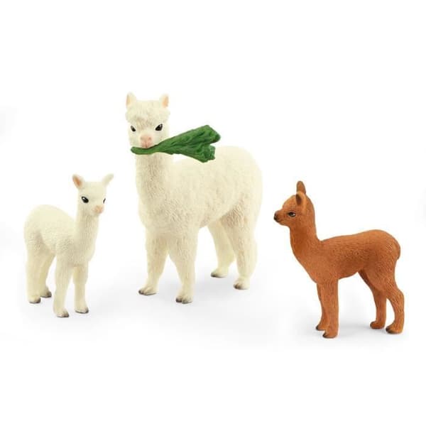 Lekset - SCHLEICH - Alpacafamiljen - Bumpfria kamelider - Mjuk ull - Vit och brun