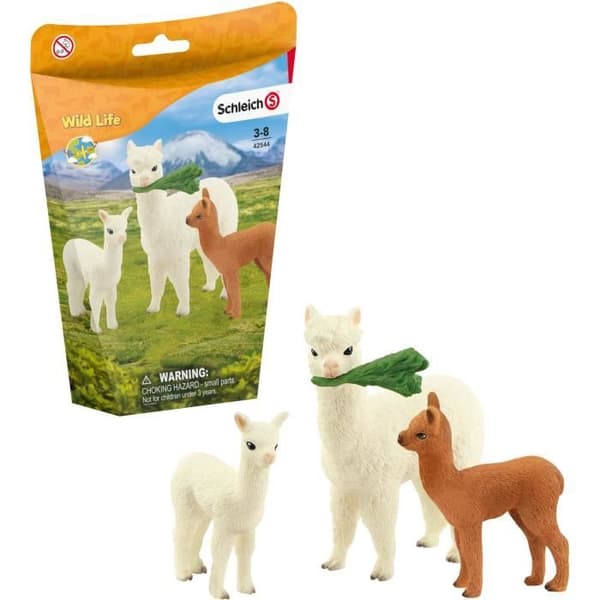 Lekset - SCHLEICH - Alpacafamiljen - Bumpfria kamelider - Mjuk ull - Vit och brun