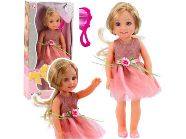 Docka i klänning med fluga Långt hår Rosa kam 38cm LEAN Toys
