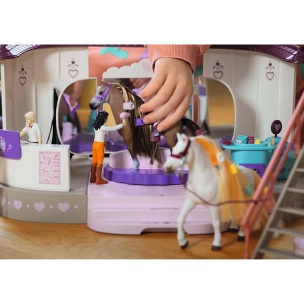 Schleich Sofian kaunottarien kauneushoitolan talli trimmaustarvikkeilla ja Schleich-hevoshahmoilla - 99-osainen leikkisetti
