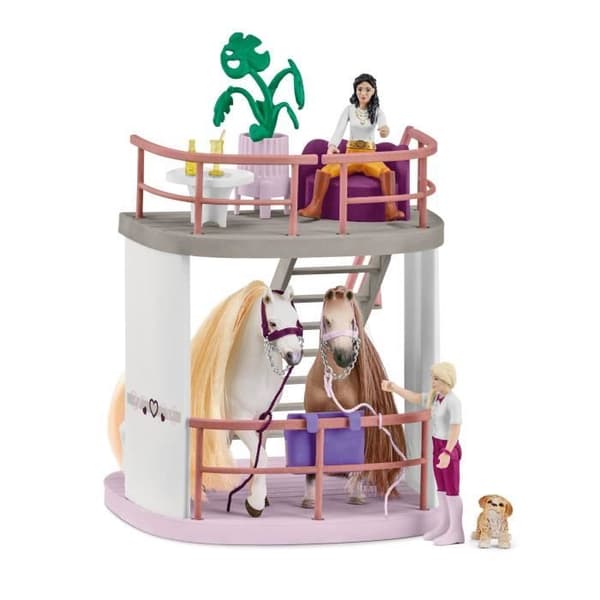 Schleich Sofian kaunottarien kauneushoitolan talli trimmaustarvikkeilla ja Schleich-hevoshahmoilla - 99-osainen leikkisetti