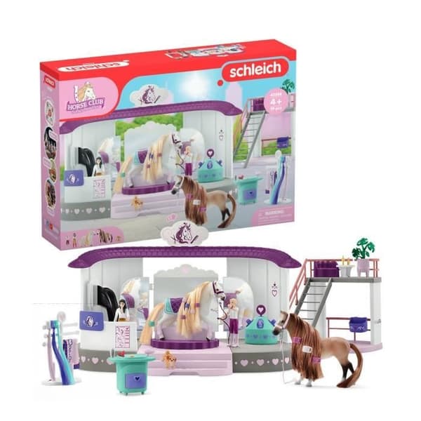 Schleich Sofian kaunottarien kauneushoitolan talli trimmaustarvikkeilla ja Schleich-hevoshahmoilla - 99-osainen leikkisetti