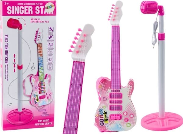 Bontempi Lean Toys elektrisk gitarstativsett med mikrofon, batteridrevet, rosa