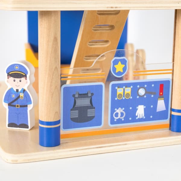 VIGA politistation i træ med politibiler, 3 etager, 14 dele