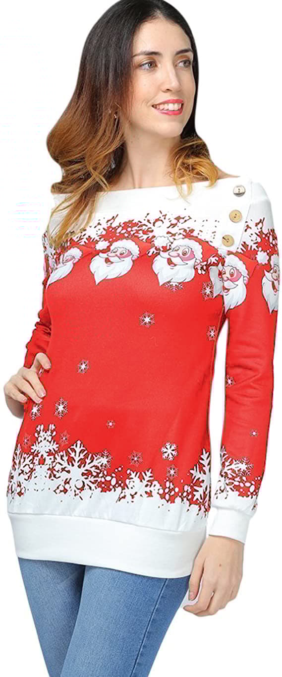 INF Off-shoulder tjocktröja med julmönster - Stl S, Röd