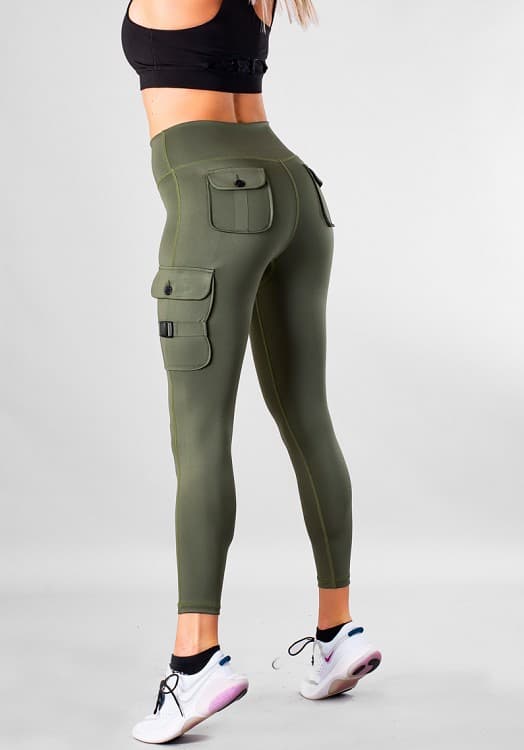 Cargo ArmyGreen Gym Højtaljet gymnastiktræning Yoga bukser med lommer leggings strømpebukser
