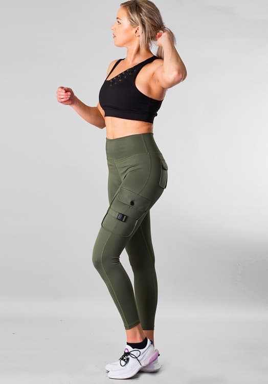 Cargo ArmyGreen Gym Leggings  med hög midja för kvinnor Träningsyoga byxor med fickor  Leggings tights