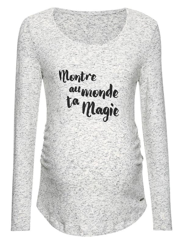 Damebluse med lange ærmer, grå navle, graviditet