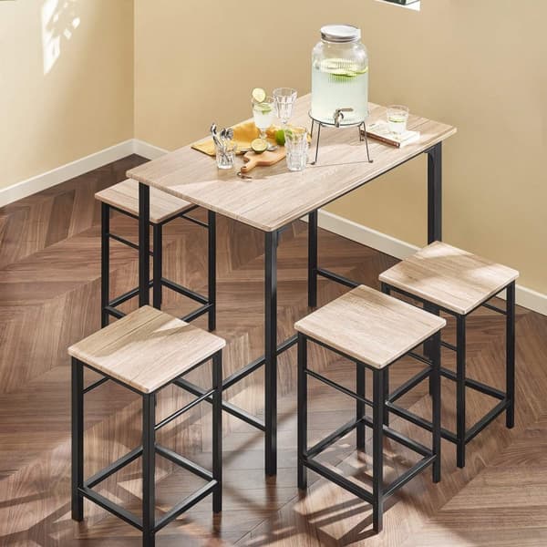 SoBuy Baaripöytä ja 4 baarijakkaraa Keittiön pöytä Ruokailuryhmä 4 hengelle P100cm L60cm K87cm puukuvio OGT11-N