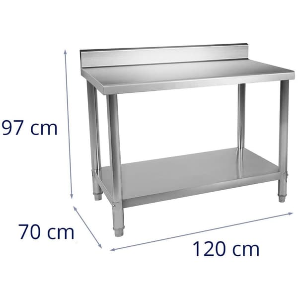 Royal Catering Rostfri arbetsbänk - 120 x 70 cm - 115 kg lastkapacitet - Skyddskant