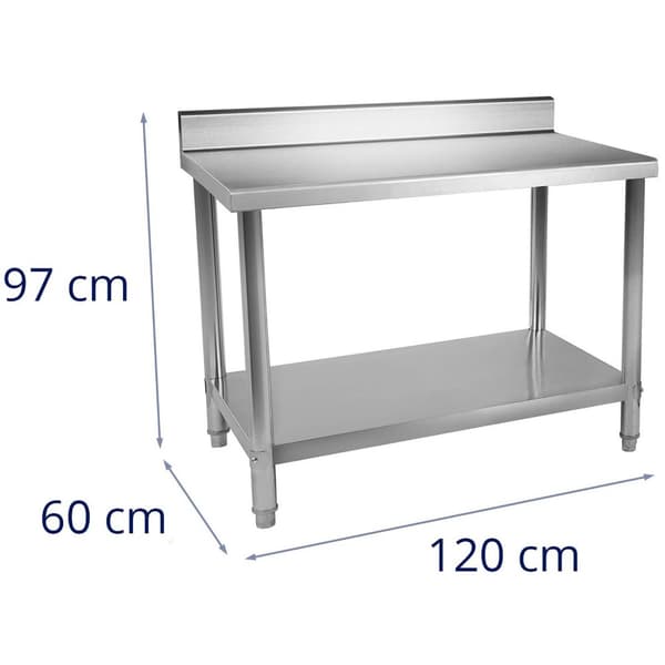 Royal Catering Rostfri arbetsbänk - 120 x 60 cm - 110 kg lastkapacitet - Skyddskant