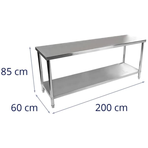 Royal Catering Rostfri arbetsbänk - 200 x 60 cm - 160 kg lastkapacitet