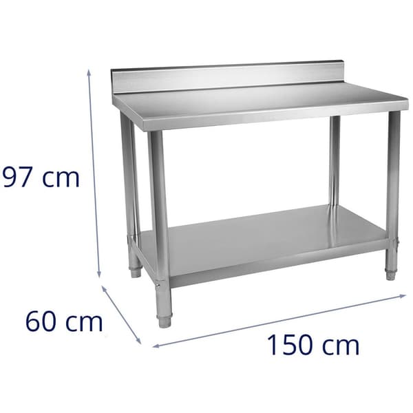 Royal Catering Rostfri arbetsbänk - 150 x 60 cm - Skyddskant - 130 kg lastkapacitet