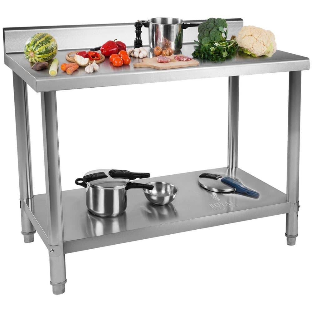 Royal Catering Rostfri arbetsbänk - 150 x 60 cm - Skyddskant - 130 kg lastkapacitet