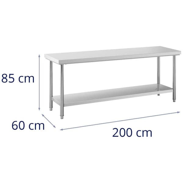 Royal Catering Rostfri arbetsbänk - 200 x 60 cm - 195 kg lastkapacitet - royal_catering