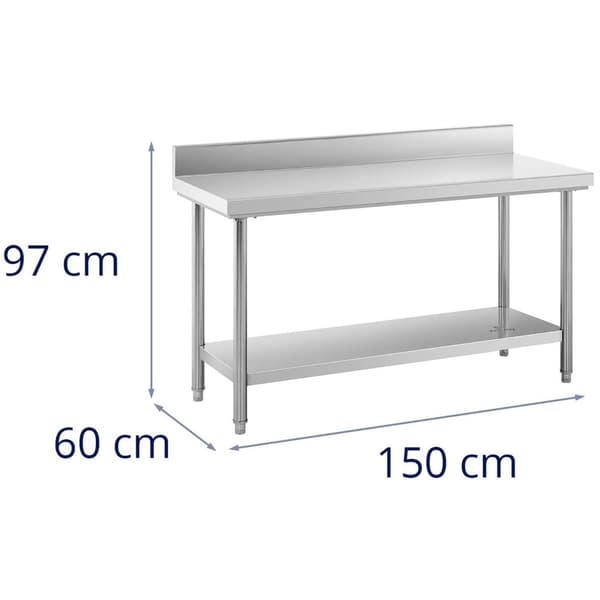 Royal Catering Rostfri arbetsbänk - 150 x 60 cm - Skyddskant - 159 kg lastkapacitet - royal_catering