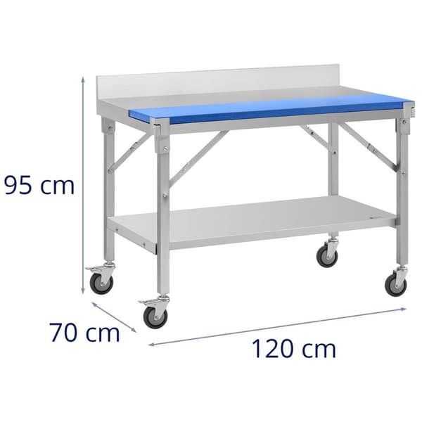 Royal Catering Rostfri arbetsbänk med skärbräda i plast - 120 x 70 cm - Skyddskant - 200 kg lastkapacitet - royal_catering