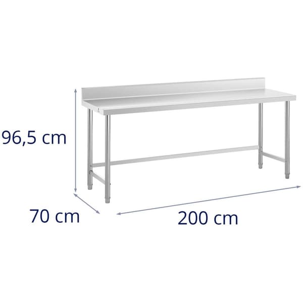 Royal Catering Rostfri arbetsbänk - 200 x 70 cm - Skyddskant - 95 kg lastkapacitet - Royal Catering