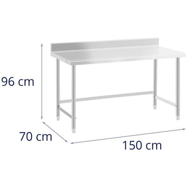 Royal Catering Rostfri arbetsbänk - 150 x 70 cm - Skyddskant - 93 kg lastkapacitet - Royal Catering