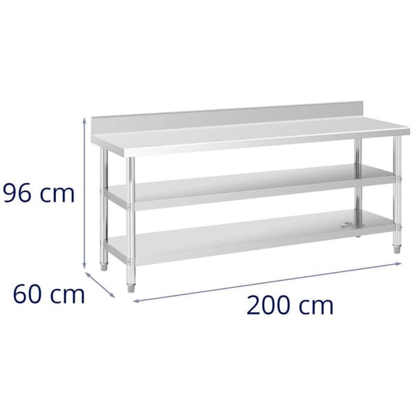 Royal Catering Rostfri arbetsbänk med skyddskant - 200 x 60 x 16.5 cm - 235 kg - 2 hyllor - Royal Catering