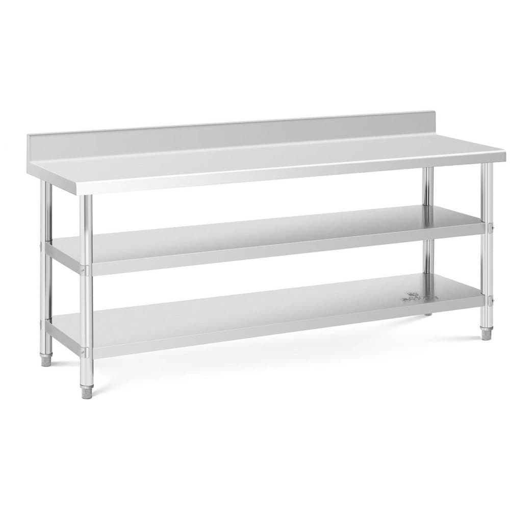 Royal Catering Rostfri arbetsbänk med skyddskant - 200 x 60 x 16.5 cm - 235 kg - 2 hyllor - Royal Catering