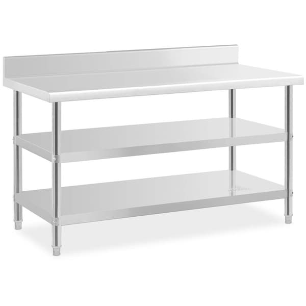 Royal Catering Rostfri arbetsbänk med skyddskant - 150 x 70 x 16.5 cm - 226 kg - 2 hyllor - Royal Catering