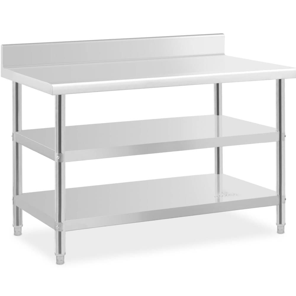 Royal Catering Rostfri arbetsbänk med skyddskant - 120 x 70 x 16.5 cm - 214 kg - 2 hyllor - Royal Catering