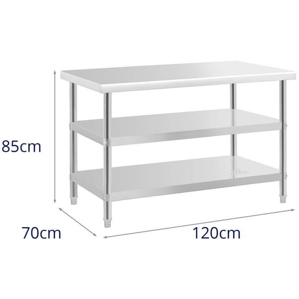 Royal Catering Rostfri arbetsbänk - 120 x 70 x 5 cm - 200 kg - 2 underhyllor - Royal Catering