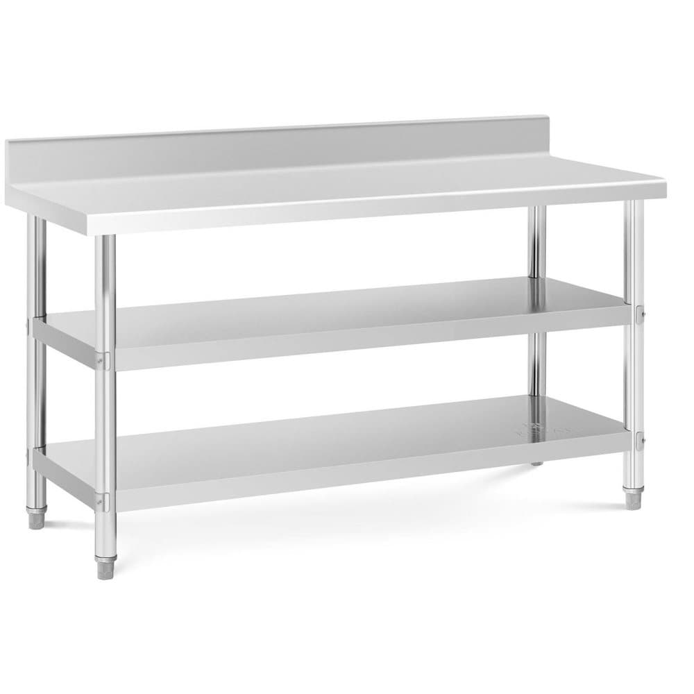 Royal Catering Rostfri arbetsbänk med skyddskant - 150 x 60 x 16.5 cm - 226 kg - 2 hyllor - Royal Catering