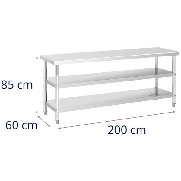 Royal Catering Rostfri arbetsbänk - 200 x 60 x 5 cm - 231 kg - 2 underhyllor - Royal Catering