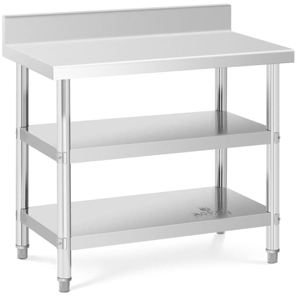 Royal Catering Rostfri arbetsbänk med skyddskant - 100 x 60 x 16.5 cm - 199 kg - 2 hyllor - Royal Catering