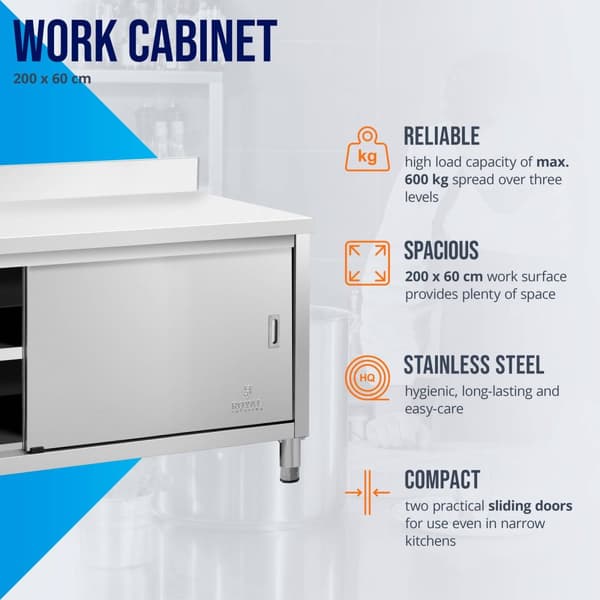 Royal Catering Rostfri arbetsbänk - 200 x 60 cm - Skyddskant - 600 kg lastkapacitet