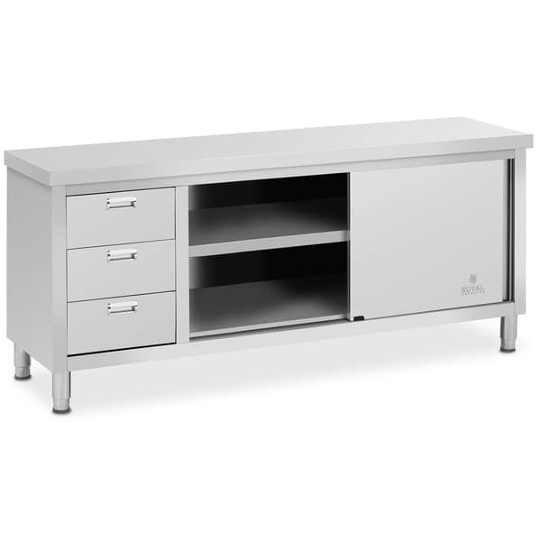 Royal Catering Rostfri arbetsbänk - 200 x 60 x 85 cm - royal_catering -  kg lastkapacitet - 3 lådor