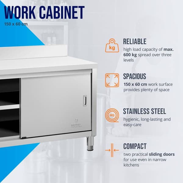 Royal Catering Rostfri arbetsbänk - 150 x 60 x 85 cm - 600 kg lastkapacitet - Med skyddskant