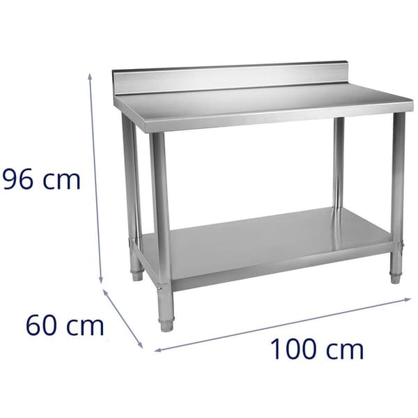 Royal Catering Rostfri arbetsbänk - 100 x 60 cm -Skyddskant - 114 kg lastkapacitet