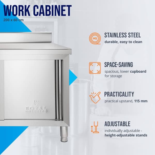 Royal Catering Rostfri arbetsbänk - 200 x 60 cm - Skyddskant - Latkapacitet 160 kg