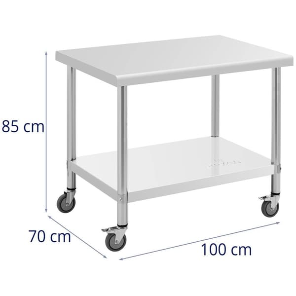 Royal Catering Bord i rostfritt stål med hjul - 70 x 100 cm - 155 kg lastkapacitet - Royal Catering